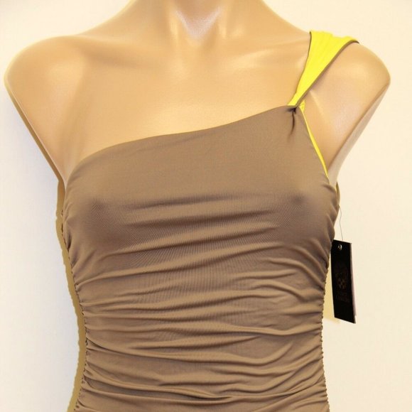 NWT Vince Camuto One Piece Swimsuit One shoulder Ruched Brown Sun - Picture 5 of 7
